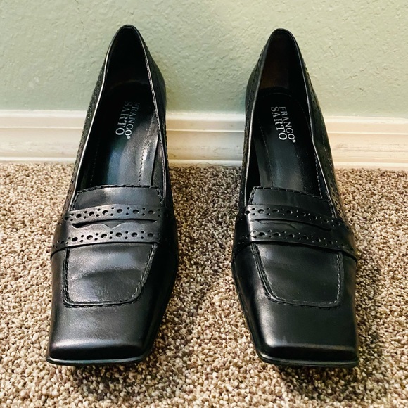 EUC Vintage Franco Sarto Black Leather Heeled Square Toed Penny Loafers - Picture 4 of 17